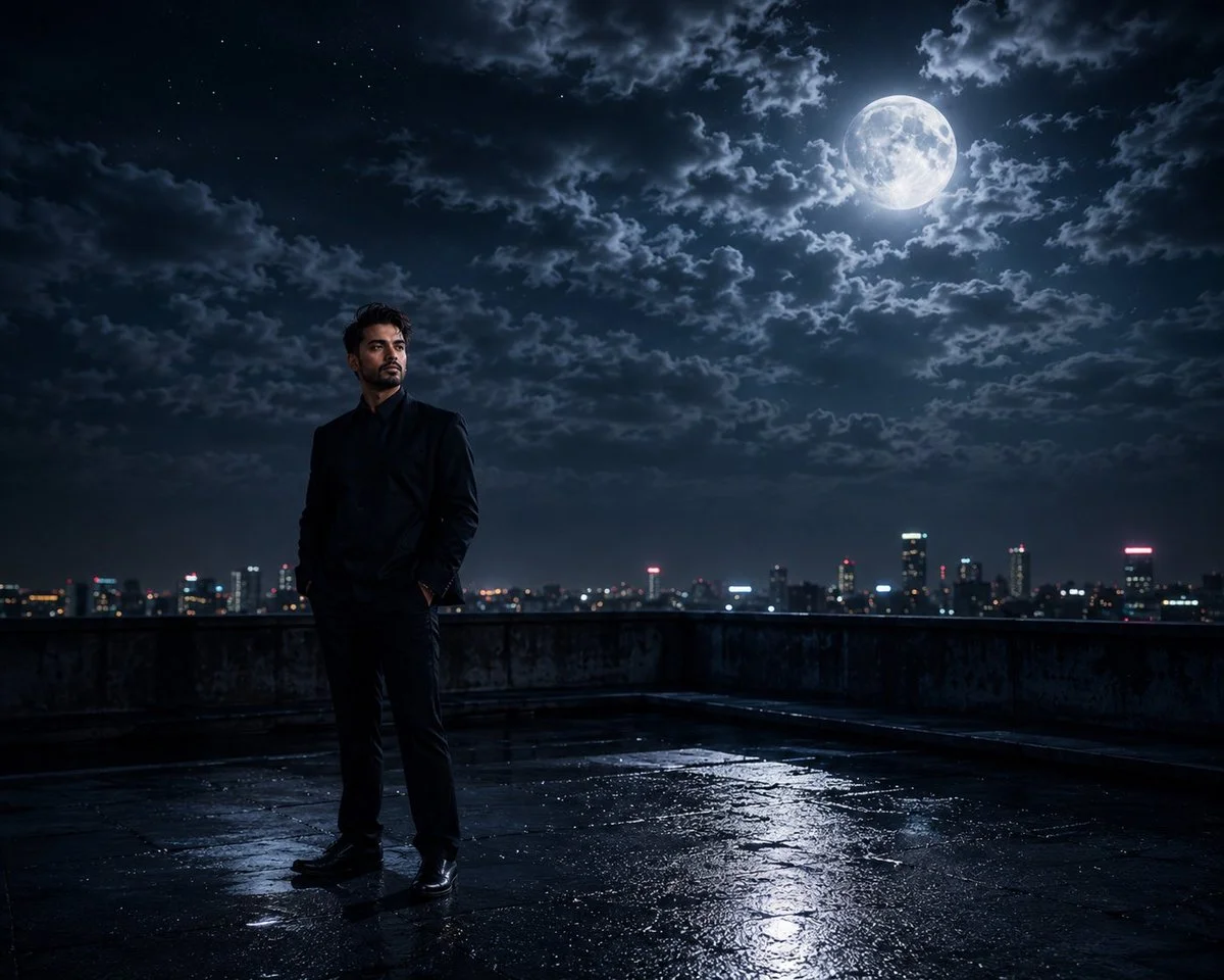 Cinematic Moonlight Rooftop Portrait Collage