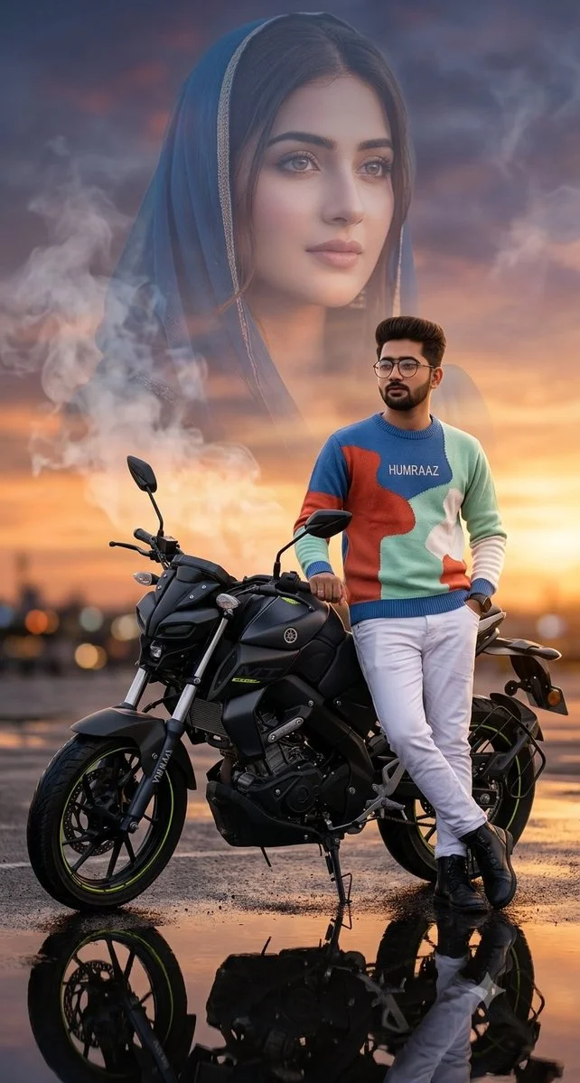 Double Exposure Motorcycle Sunset Portrait
